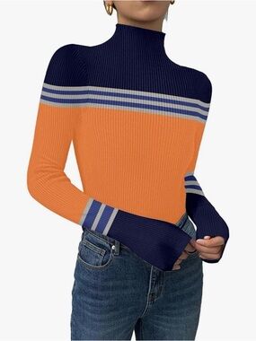 Mock Neck Colorblock Ribbed Sweater in Orange & Navy